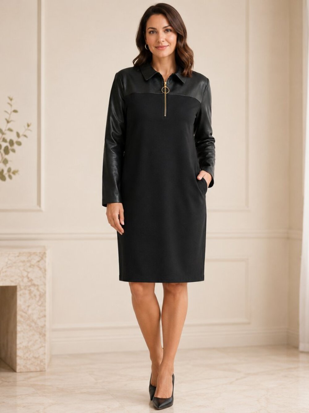 Black Faux Leather Trim Long Sleeve Shift Dress | NWT | Size 14